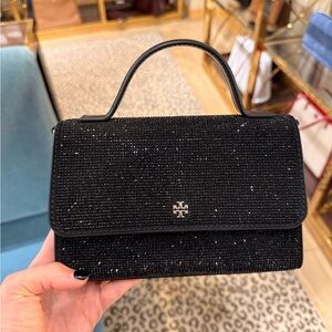 Tory Burch Emerson Crystal Embellished Mini Top Handle Bag Black $600